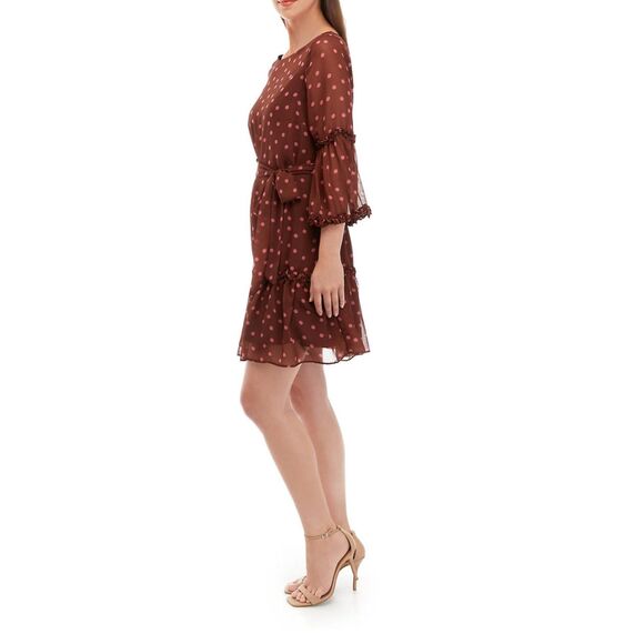 NWT Maison Tara Boho Fit Flare Chiffon Dot Print Dress 3/4 Sleeve Mocha Rose 14 - Picture 8 of 9